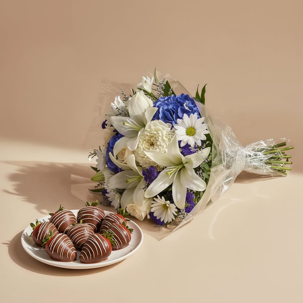 Blue Elegance Bouquet with Chocolate Dipped Strawberries