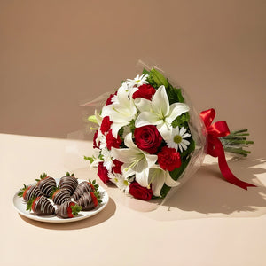 Red & White Beauty with Chocolate Covered Strawberries