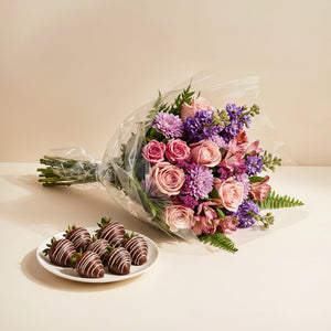 Rosy Bliss Flower Bouquet with Chocolate Covered Strawberries