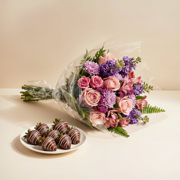 Rosy Bliss Flower Bouquet with Chocolate Covered Strawberries