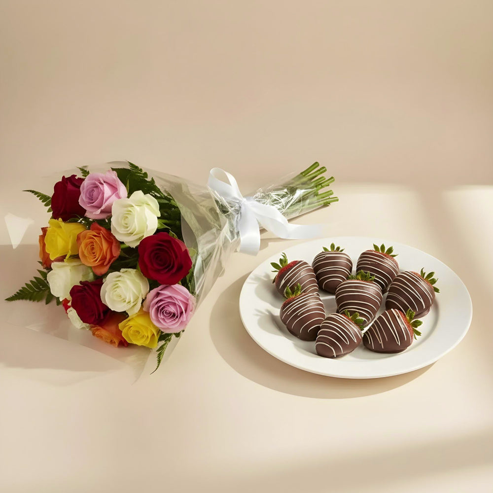 12 Assorted Roses and Chocolate Dipped Strawberries
