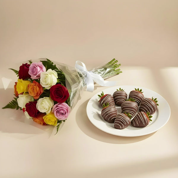 12 Assorted Roses and Chocolate Dipped Strawberries