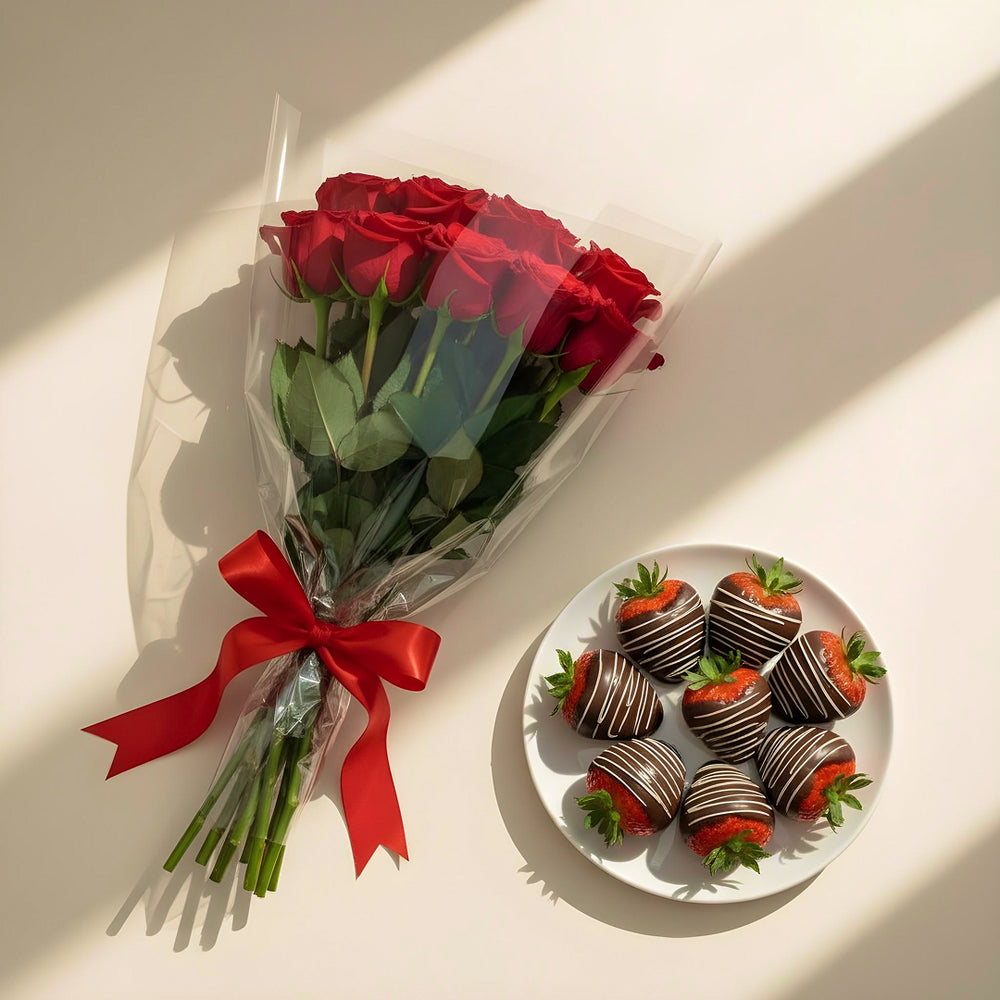 12 Red Roses with Chocolate Dipped Strawberries