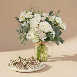 Serene Flowers in Mason Jar & Chocolate Covered Strawberries