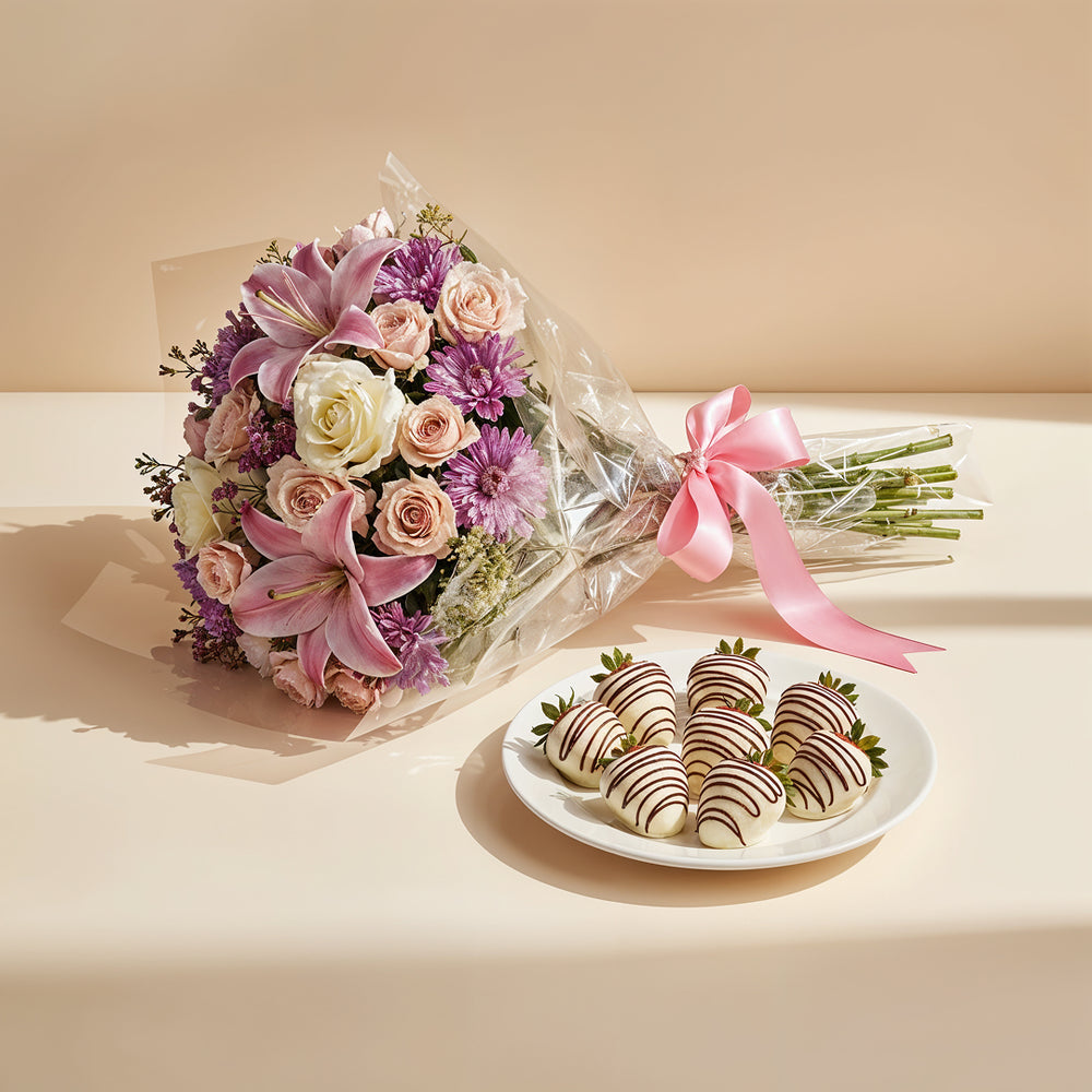 Pastel Bloom Bouquet with Chocolate Covered Strawberries