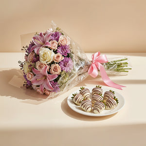 Pastel Bloom Bouquet with Chocolate Covered Strawberries