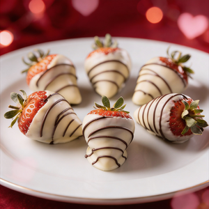6 Valentines White Chocolate Covered Strawberries with Dark Chocolate Drizzle Chocolate Covered