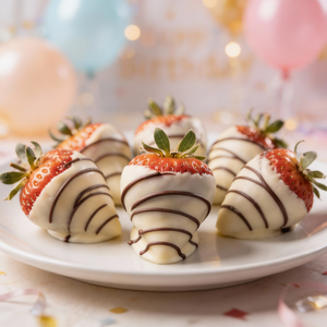 Birthday White Chocolate Covered Strawberries with Dark Chocolate Drizzle Chocolate Covered
