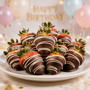 Birthday Dark Chocolate Covered Strawberries with White Chocolate Drizzle Chocolate Covered