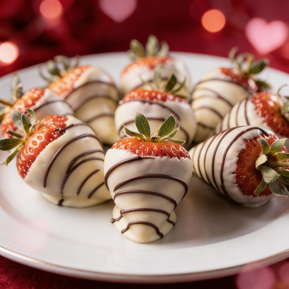 Valentines White Chocolate Covered Strawberries with Dark Chocolate Drizzle Chocolate Covered